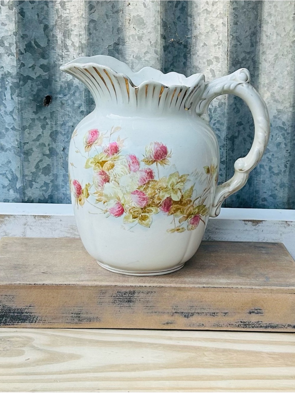 Vintage White Floral Ceramic Pitcher with Pink Rose Motif